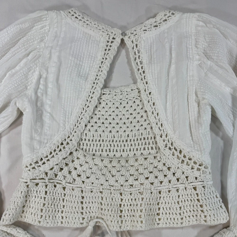 Free People Megan Crochet Top Size‎ XS Ivory Puff Sleeves Open Back Boho Whimsy